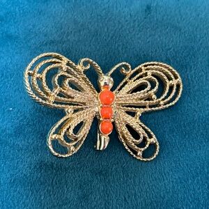 Vintage Gerry’s Signed Coral and Gold-tone Butterfly Pin or Brooch